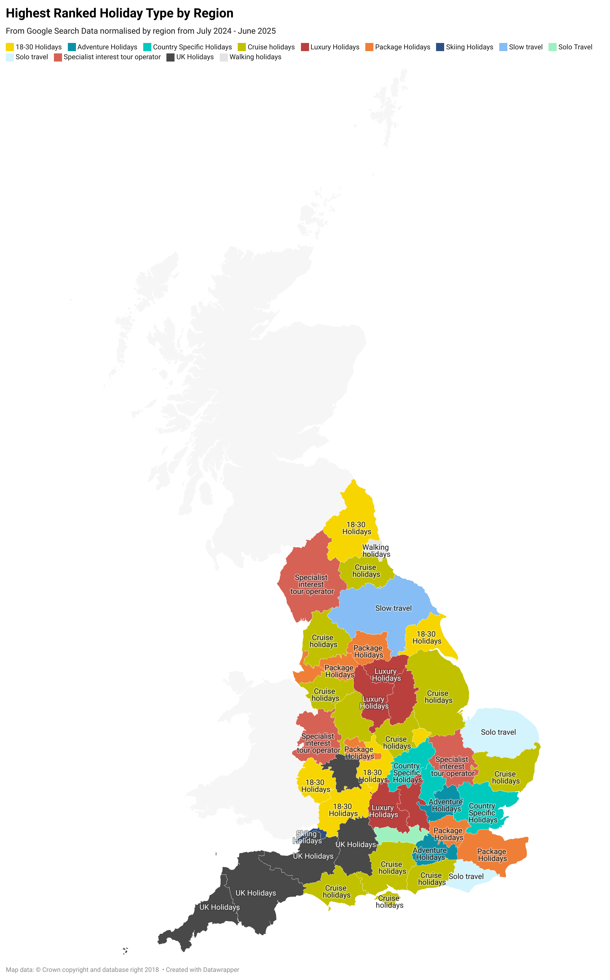 A colour-coded map of England showing the highest ranked holiday type in each region based on Google search data from July 2024 to June 2025. Each area is labelled with its top holiday interest, such as UK holidays, cruise holidays, 18–30 holidays, luxury holidays, package holidays, walking holidays, slow travel, solo travel, adventure holidays or specialist interest tours. Scotland and Wales appear faded and are not part of the dataset. image