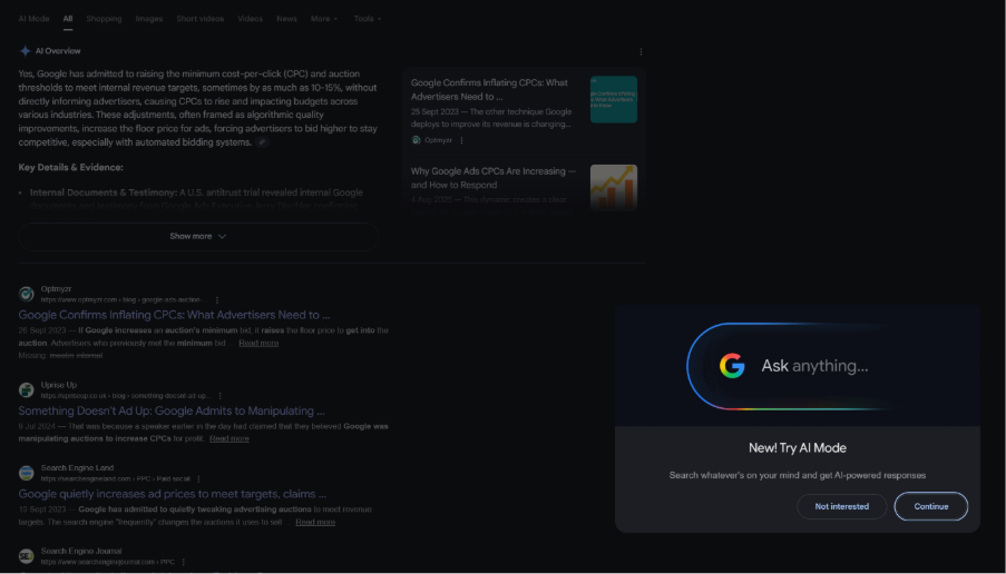 Google search results page showing an AI Mode prompt inviting users to try AI-powered search responses image