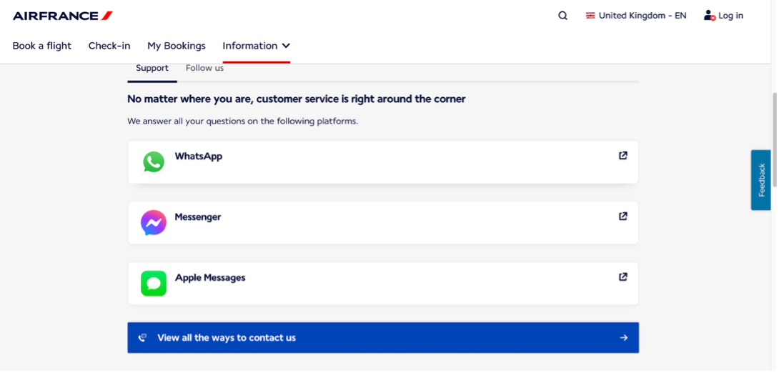 Air France support webpage showing contact options for WhatsApp, Messenger and Apple Messages, with a blue button to view all contact methods. image