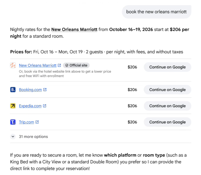 AI assistant interface displaying price comparison and booking options for the New Orleans Marriott hotel. image