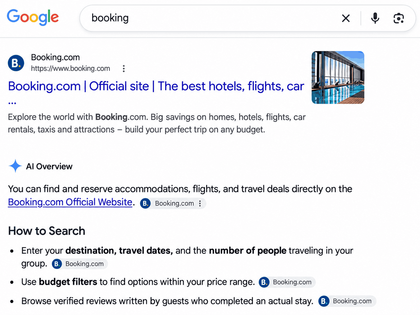 Google search results for “booking” showing Booking.com’s organic listing followed by an AI Overview explaining how to find and reserve accommodation, flights and travel deals on Booking.com. image