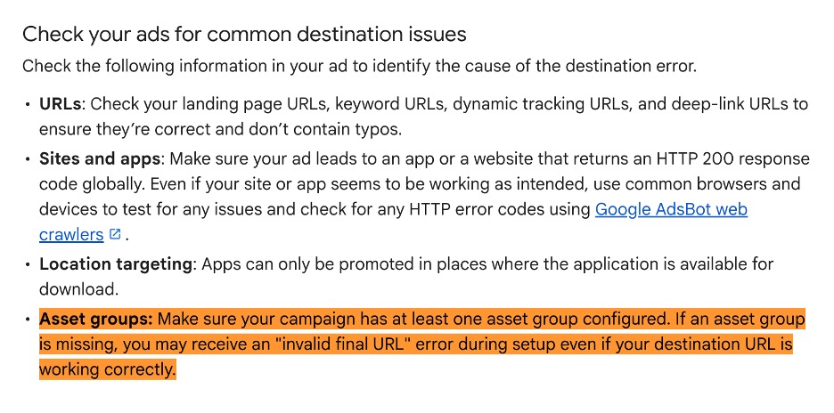 Google Ads troubleshooting guidance for destination errors, with the asset groups section highlighted to show that a missing asset group can trigger an “invalid final URL” error. image