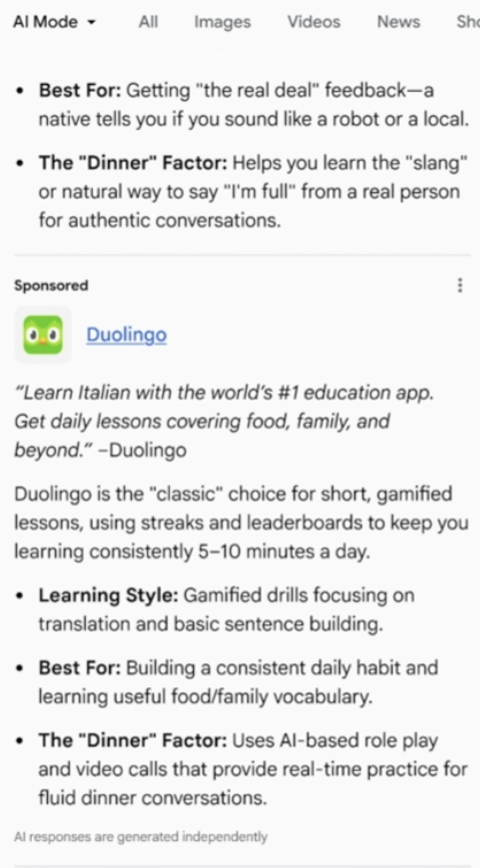 Sponsored Duolingo result within an AI-generated language learning comparison, describing its Italian course as a classic option for short, gamified lessons. image