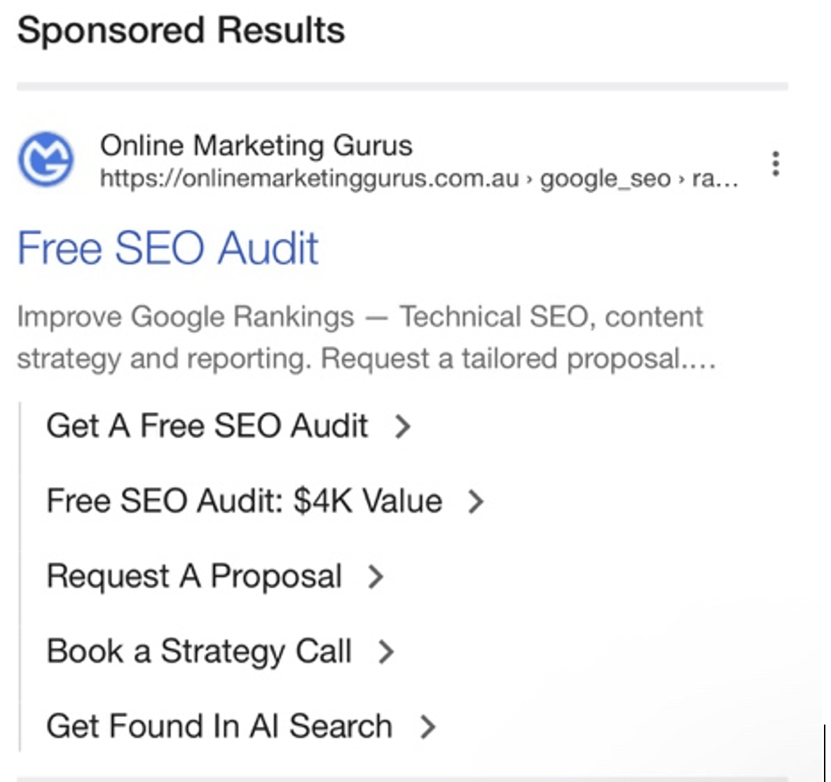 Google sponsored result for Online Marketing Gurus advertising a free SEO audit, with sitelinks for a free audit, proposal, strategy call and AI search services. image