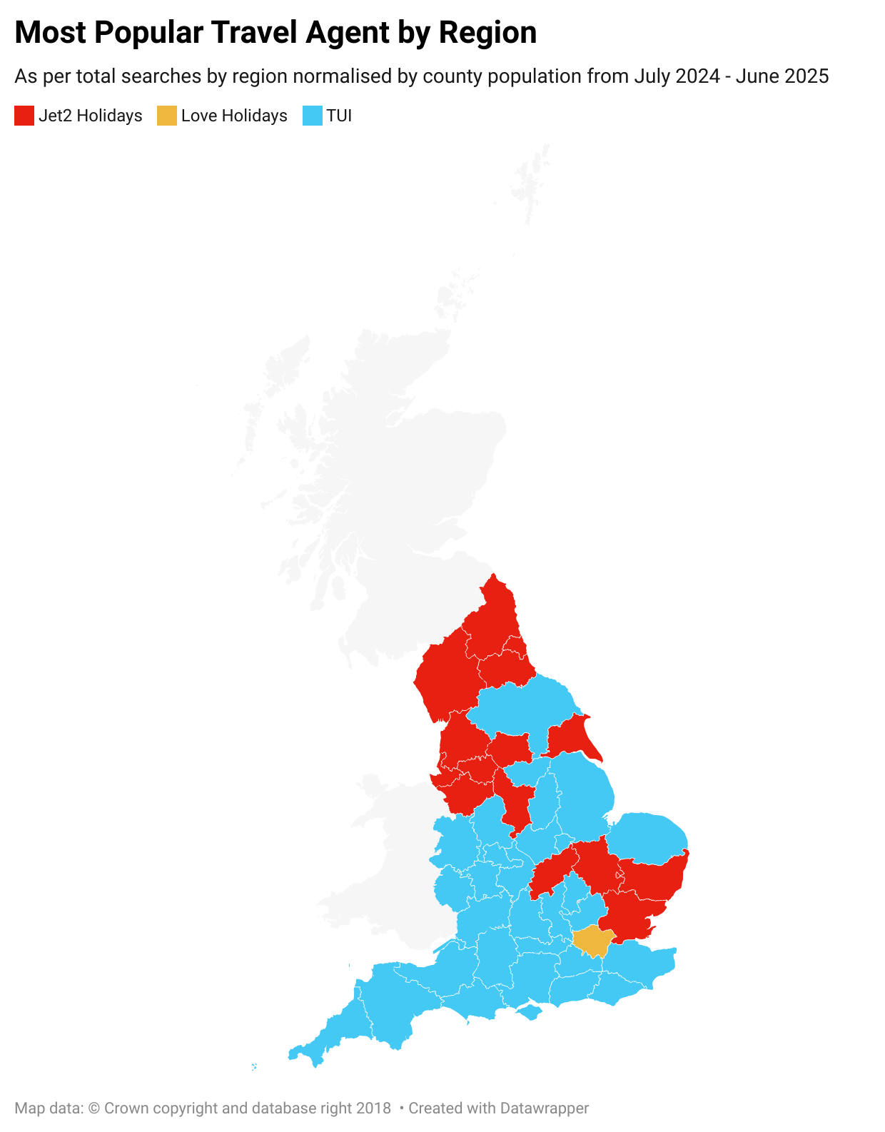 A colour-coded map of England showing the most searched travel agent in each region from July 2024 to June 2025. Areas are marked in red for Jet2 Holidays, blue for TUI and yellow for Love Holidays. Scotland and Wales appear faded and are not included in the comparison. image