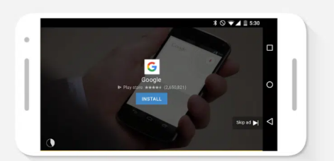 A smartphone screen displaying a Google Play Store prompt to install the Google app, shown within a mobile video advert interface with an install button and skip option visible. image