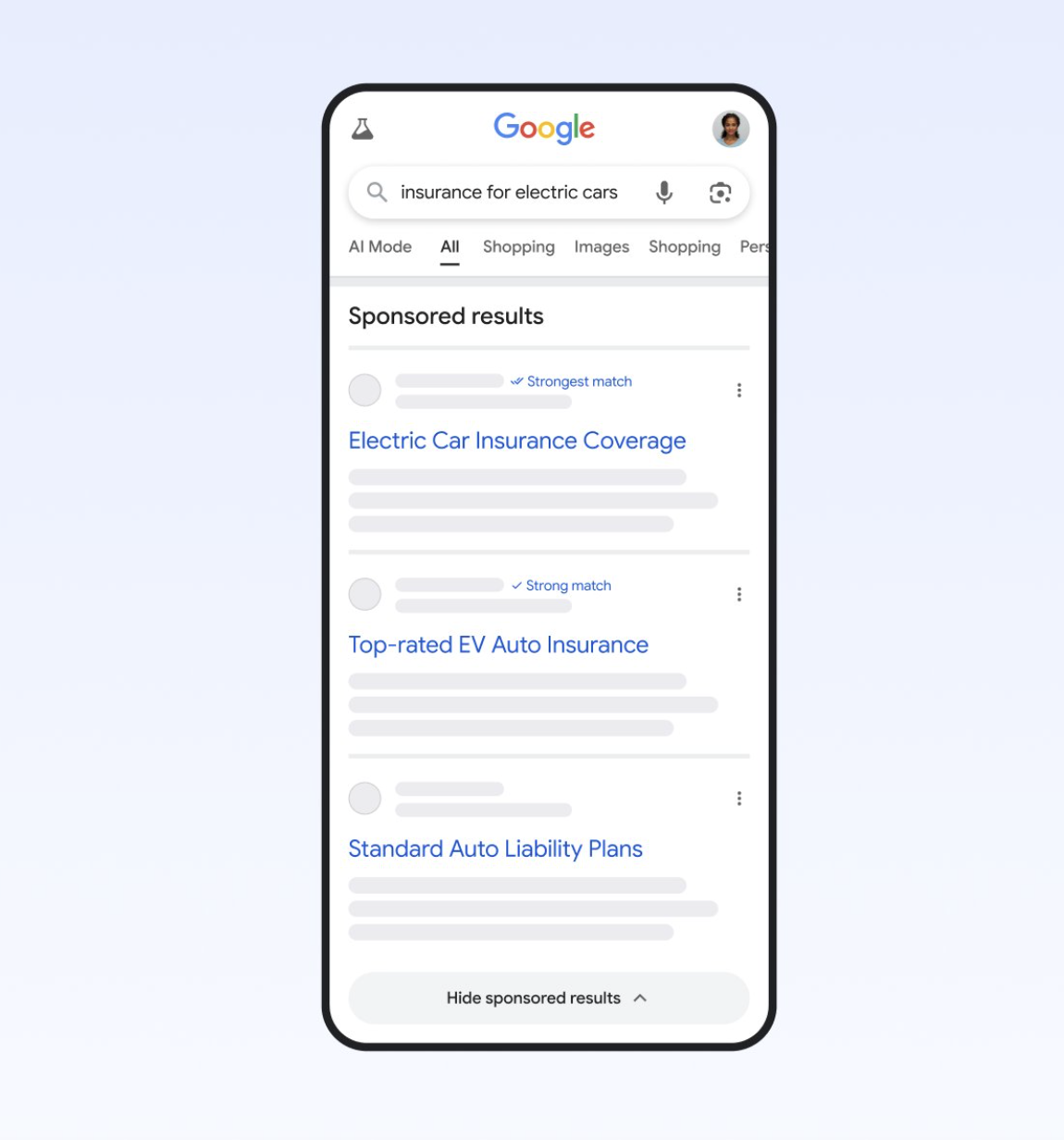Google mobile search mock-up showing sponsored results for electric car insurance, with ‘Strongest match’ and ‘Strong match’ labels on the top ads. image