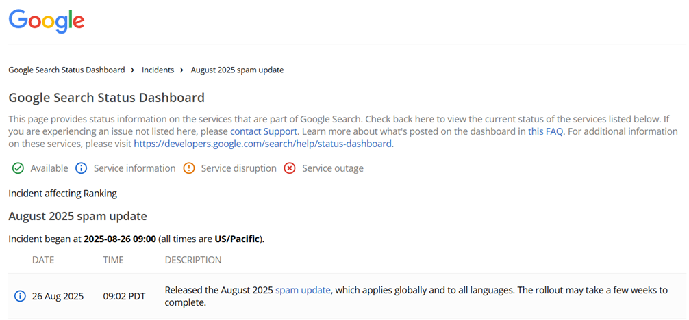 Google Search Status Dashboard update in relation to August 2025 Spam update image