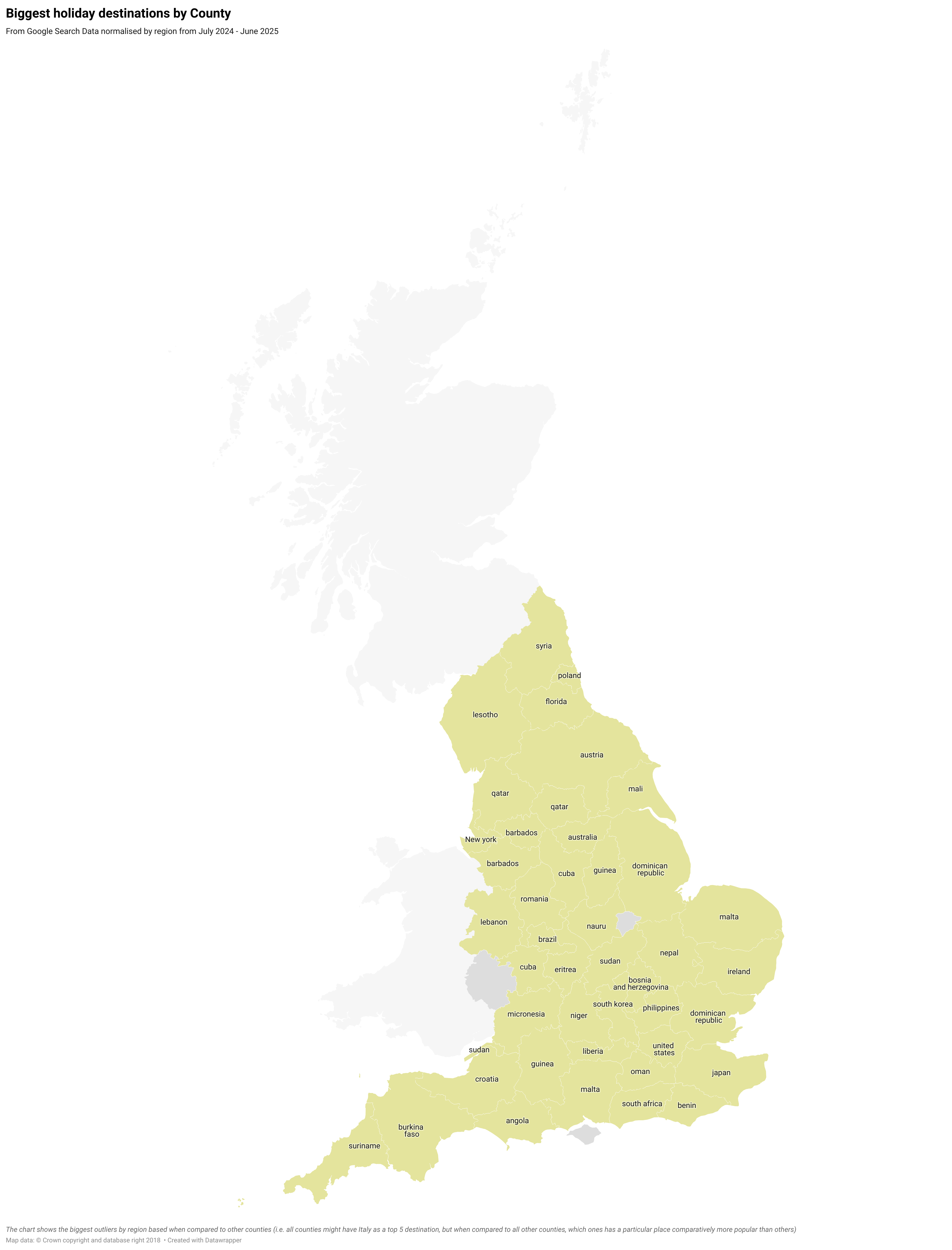 A map of England showing the most searched holiday destinations for each county, with each county labelled by the country that stood out as comparatively most popular in Google search data from July 2024 to June 2025. Scotland and Wales appear faded as they are not included in the comparison. image