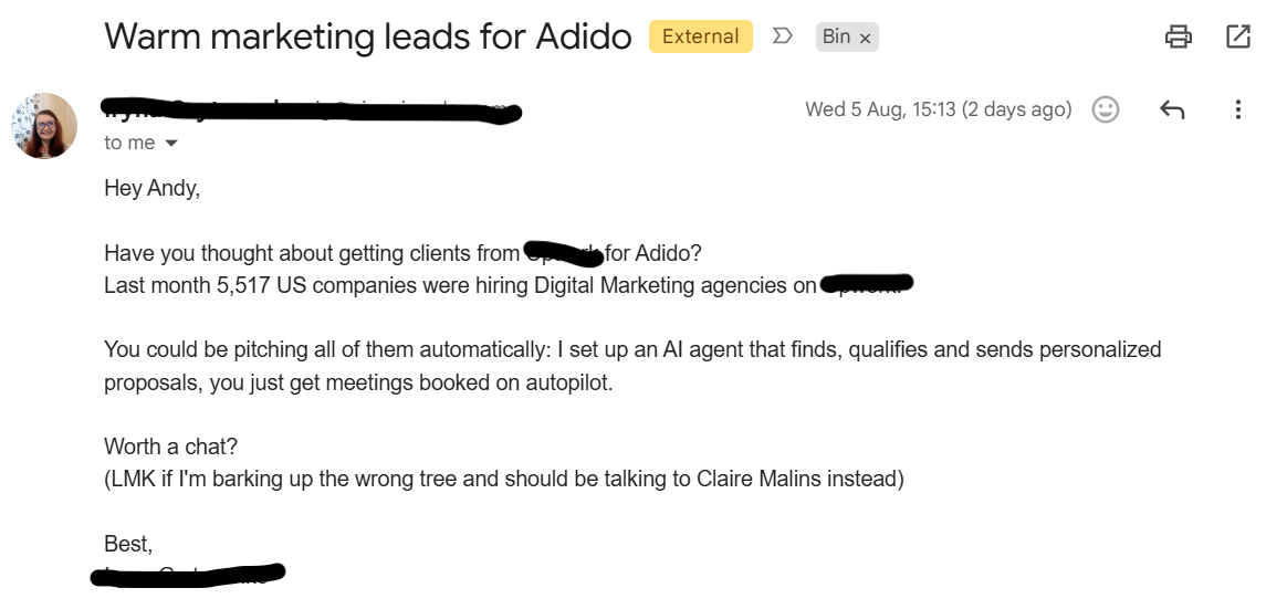 Screenshot of a cold outreach email titled “Warm marketing leads for Adido”, offering an AI agent that finds, qualifies and sends personalised proposals to potential clients. image