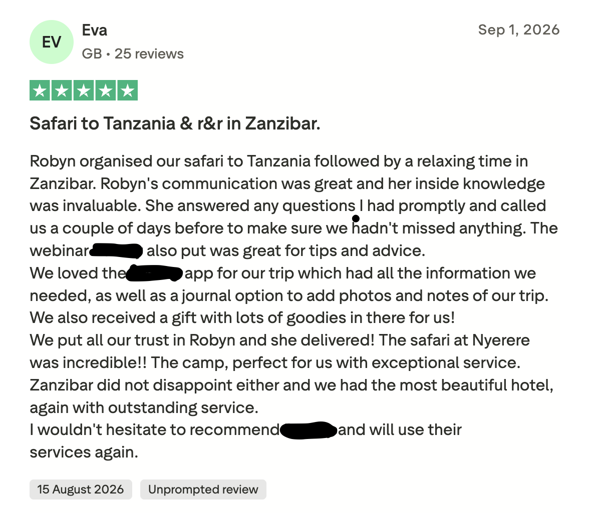 Five-star Trustpilot review praising a Tanzania safari and Zanzibar holiday, including the travel consultant’s service, destination knowledge, accommodation and trip organisation. image