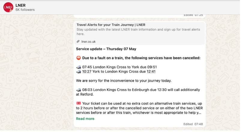 LNER WhatsApp message showing a train service update with cancelled journeys, a Retford stop change and ticket acceptance advice. image