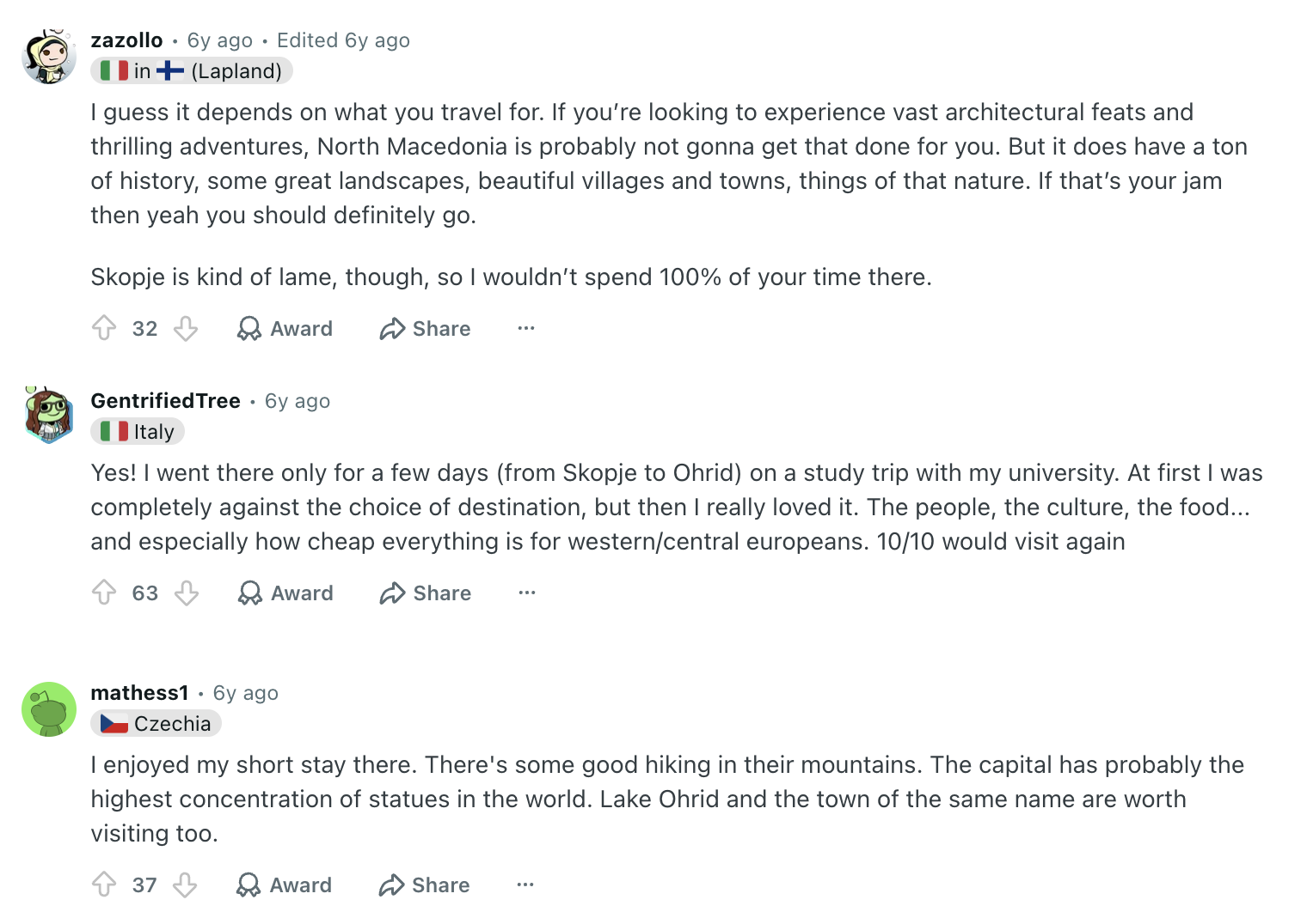 Reddit comments discussing whether North Macedonia is worth visiting, with users praising its history, landscapes, food, hiking and Lake Ohrid. image