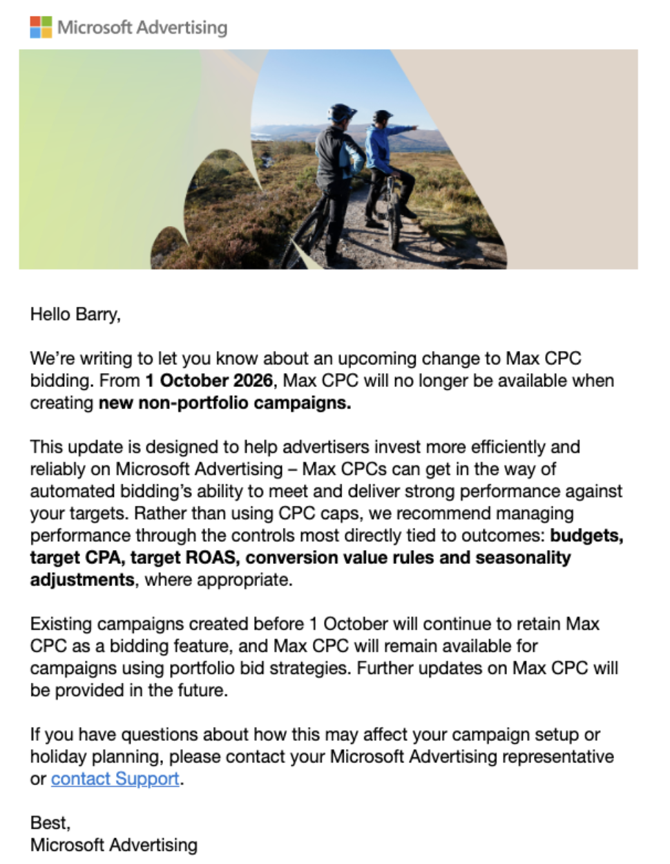Microsoft Advertising email announcing that from 1 October 2026, Max CPC bidding will no longer be available for new non-portfolio campaigns. image