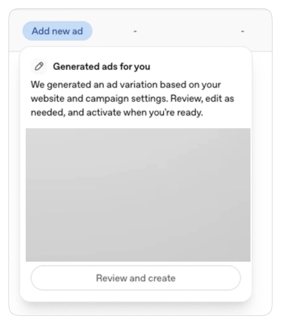 OpenAI Ads Manager interface showing an AI-generated ad variation card, with text explaining that the ad was created from website and campaign settings and can be reviewed before activation. image