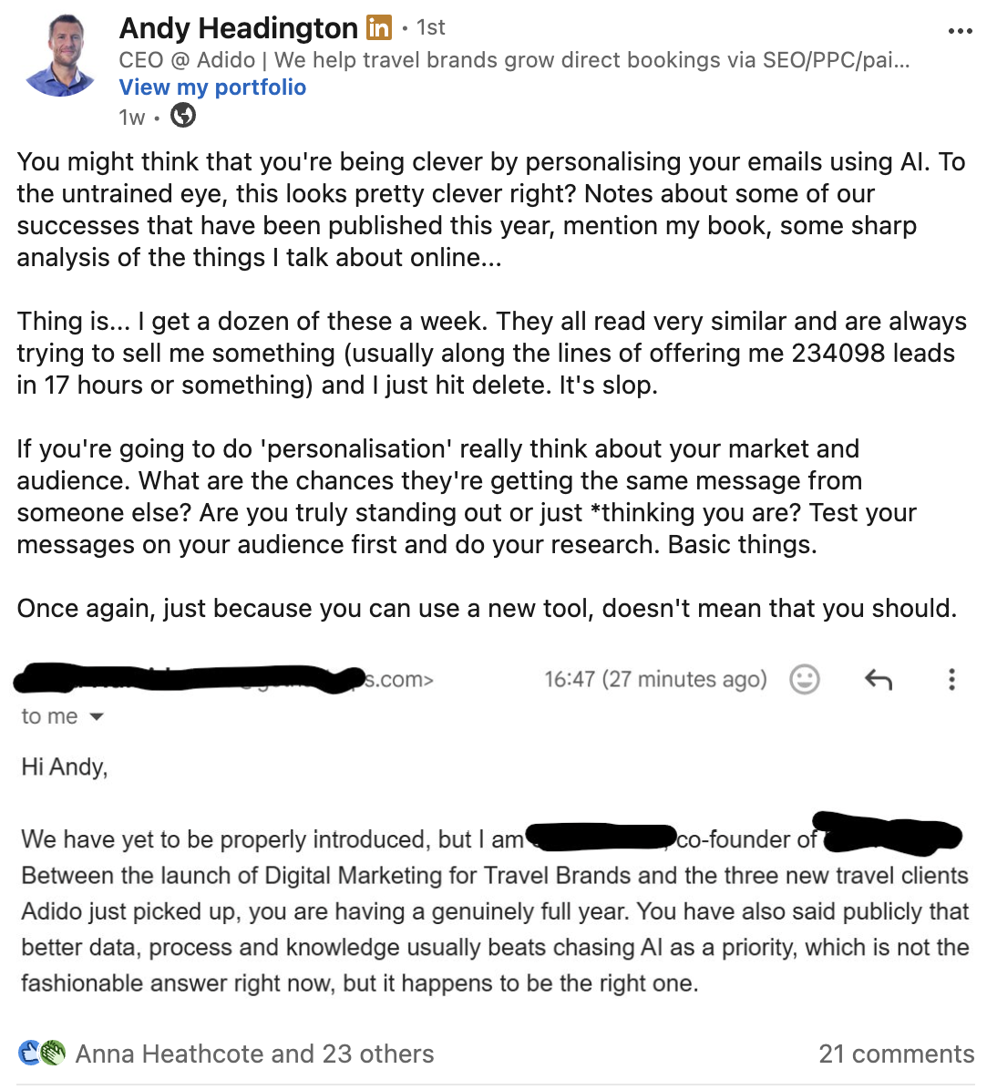 LinkedIn post about poor AI email personalisation, showing a screenshot of a sales email that references the recipient’s recent travel marketing work but is criticised as generic and overused. image