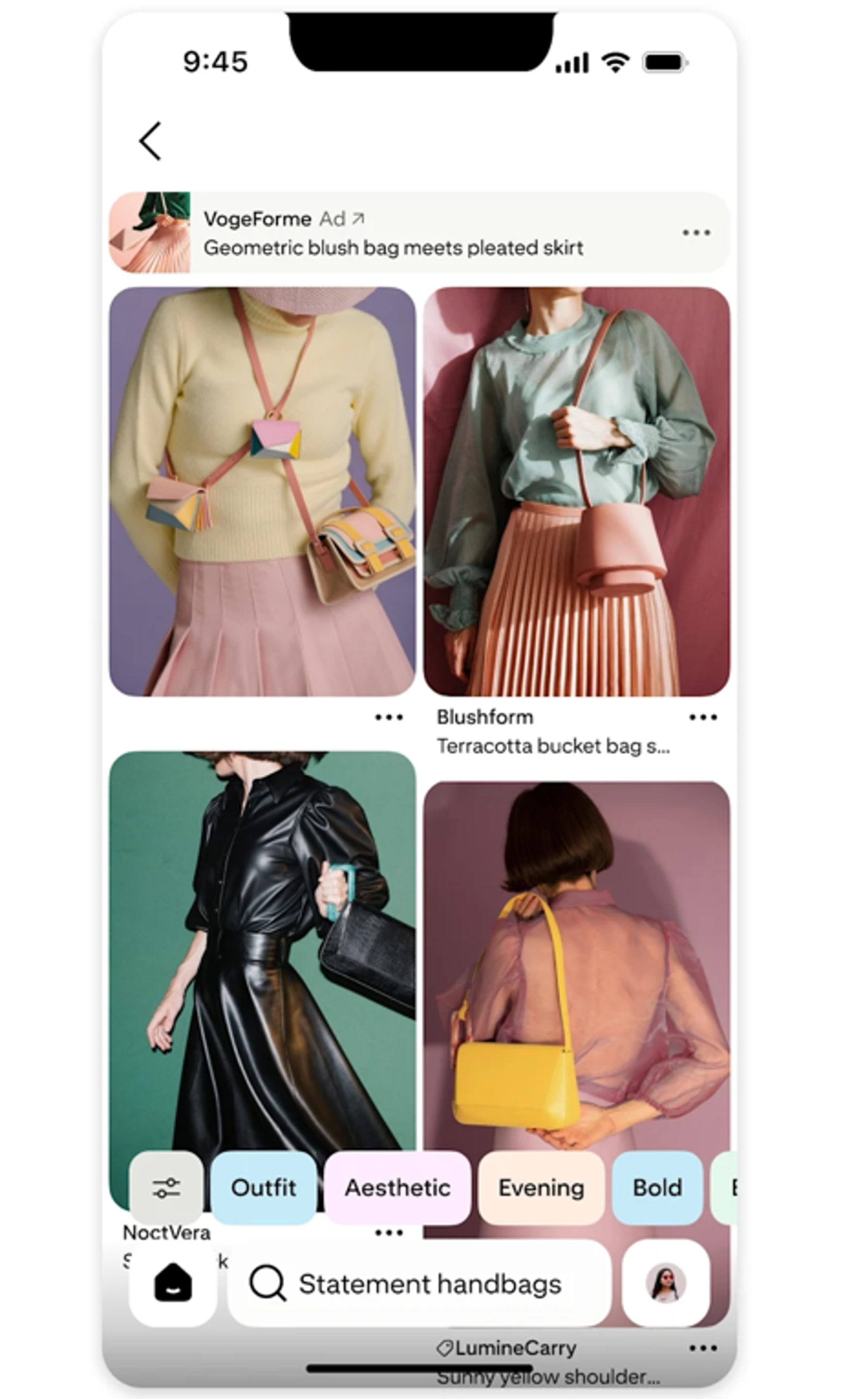 Mobile Pinterest-style visual search results for “statement handbags”, showing fashion images and a sponsored ad among product recommendations, with filters for outfit, aesthetic, evening and bold styles. image