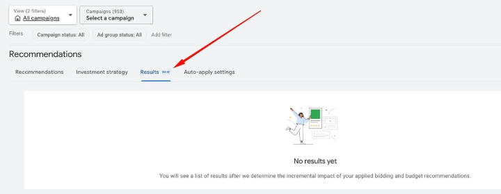 Screenshot of the Google Ads ‘Recommendations’ section with the ‘Results new’ tab selected, highlighted by a red arrow. The screen shows a message stating ‘No results yet’, with a note explaining results will appear once the impact of applied bidding and budget recommendations has been determined. image