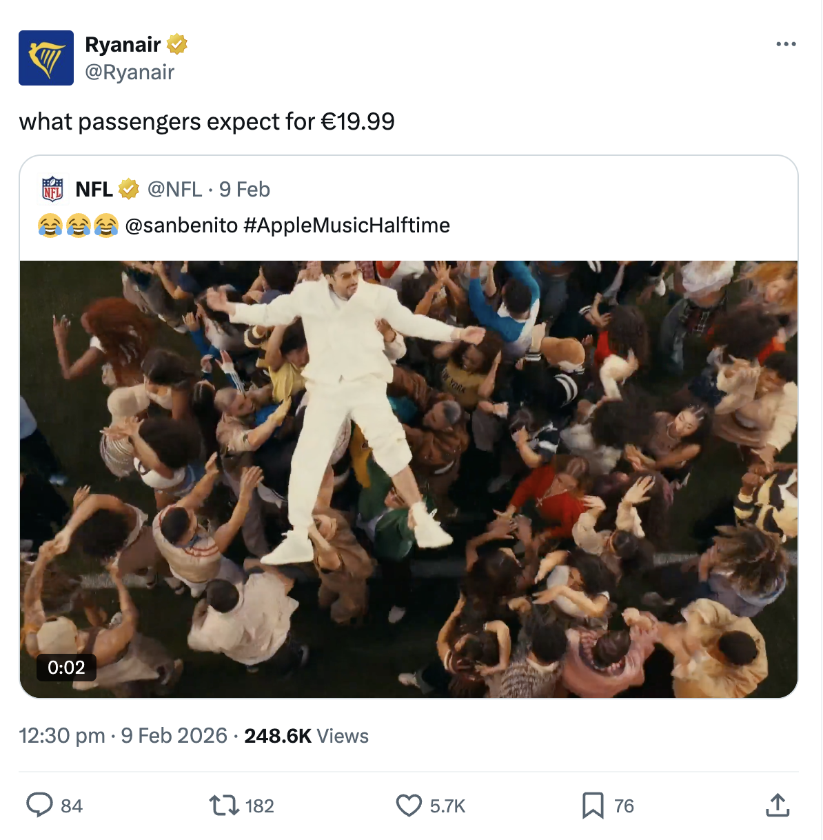 Screenshot of a Ryanair tweet reading ‘what passengers expect for €19.99’, featuring a clip of a performer crowd surfing during the NFL Apple Music Halftime show. The post shows engagement metrics below. image