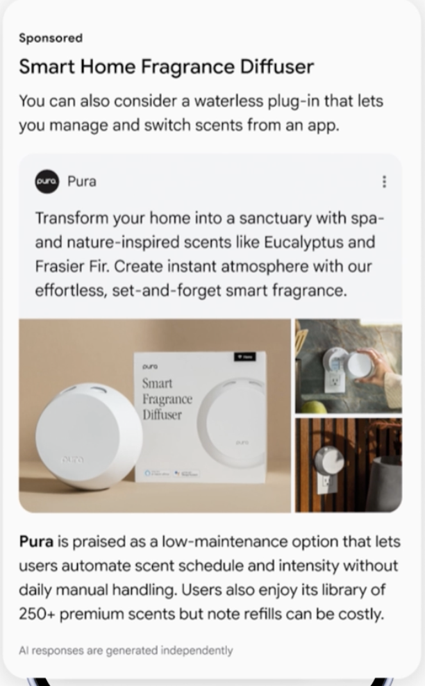 Sponsored result for a smart home fragrance diffuser, with AI-generated product copy, a Pura diffuser image and a summary highlighting automated scent scheduling. image