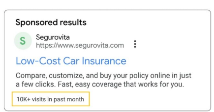 Sponsored Google search result for low-cost car insurance from Segurovita, with a highlighted note showing 10K+ visits in the past month. image