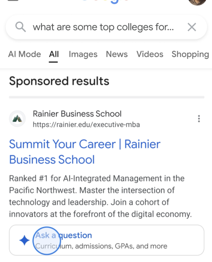 Mobile Google search results page showing a sponsored result for Rainier Business School, with an “Ask a question” prompt for curriculum, admissions and GPAs. image