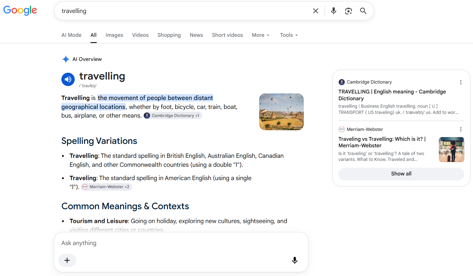 Google AI Overview search result for the keyword 