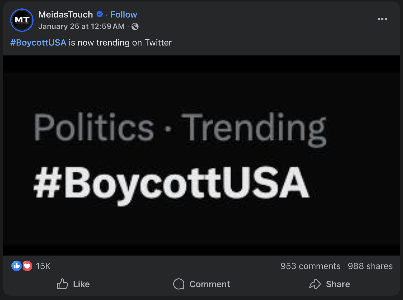 A screenshot of a Facebook post from MeidasTouch dated January 25 at 12:59 AM. The text of the post reads, 