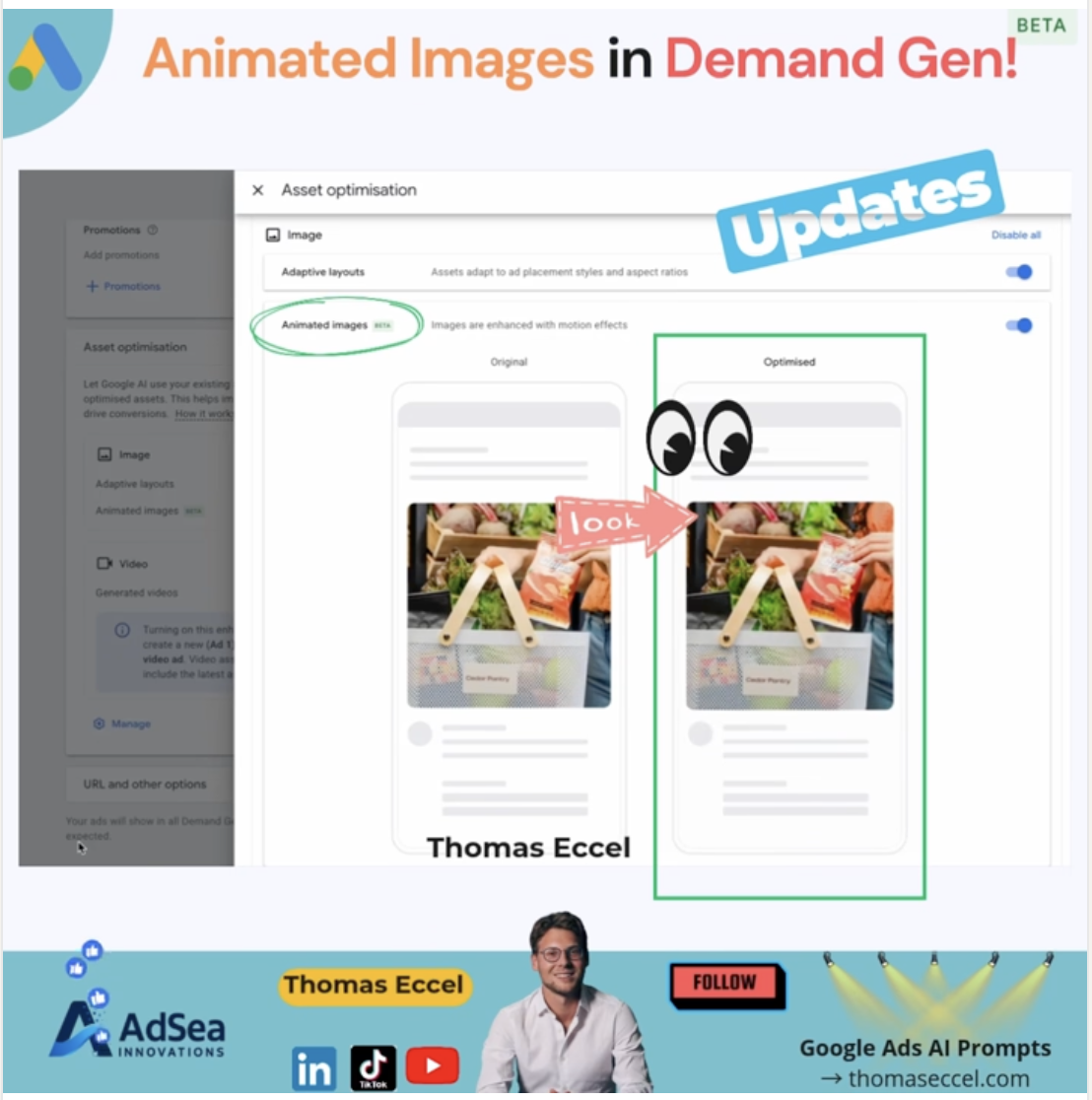 Graphic announcing animated image updates in Google Demand Gen, showing an asset optimisation screen with animated images enabled and original versus optimised ad previews. image