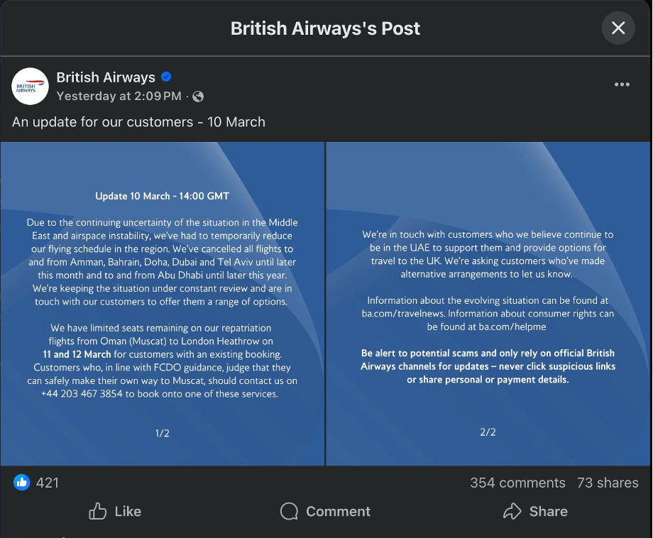 Social media post from British Airways providing a customer update dated 10 March, outlining reduced flight schedules and cancellations due to Middle East airspace instability, with guidance for affected travellers, contact details for rebooking, and a warning to avoid scams and rely on official channels. image