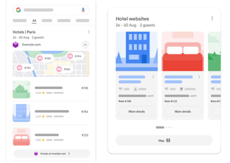 Google hotel search mock-ups showing Paris accommodation results with map prices, hotel listings and a carousel of hotel websites with nightly rates. image