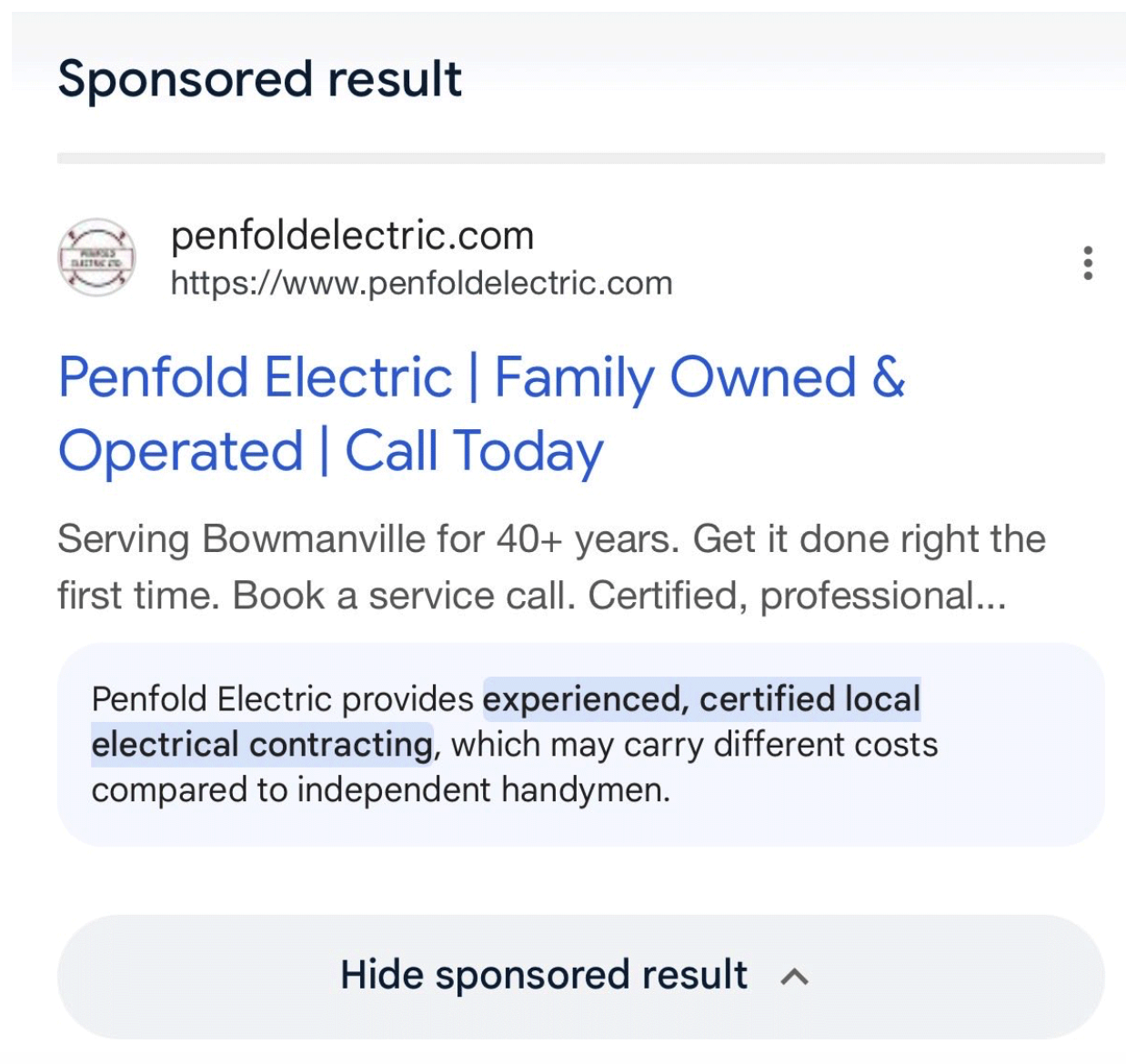 Mobile Google sponsored result for Penfold Electric, with an AI-generated note highlighting experienced, certified local electrical contracting and possible cost differences. image