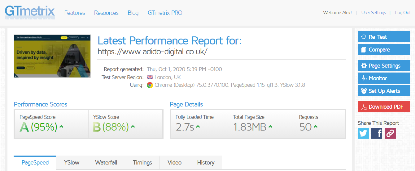 gtmetrix site speed report