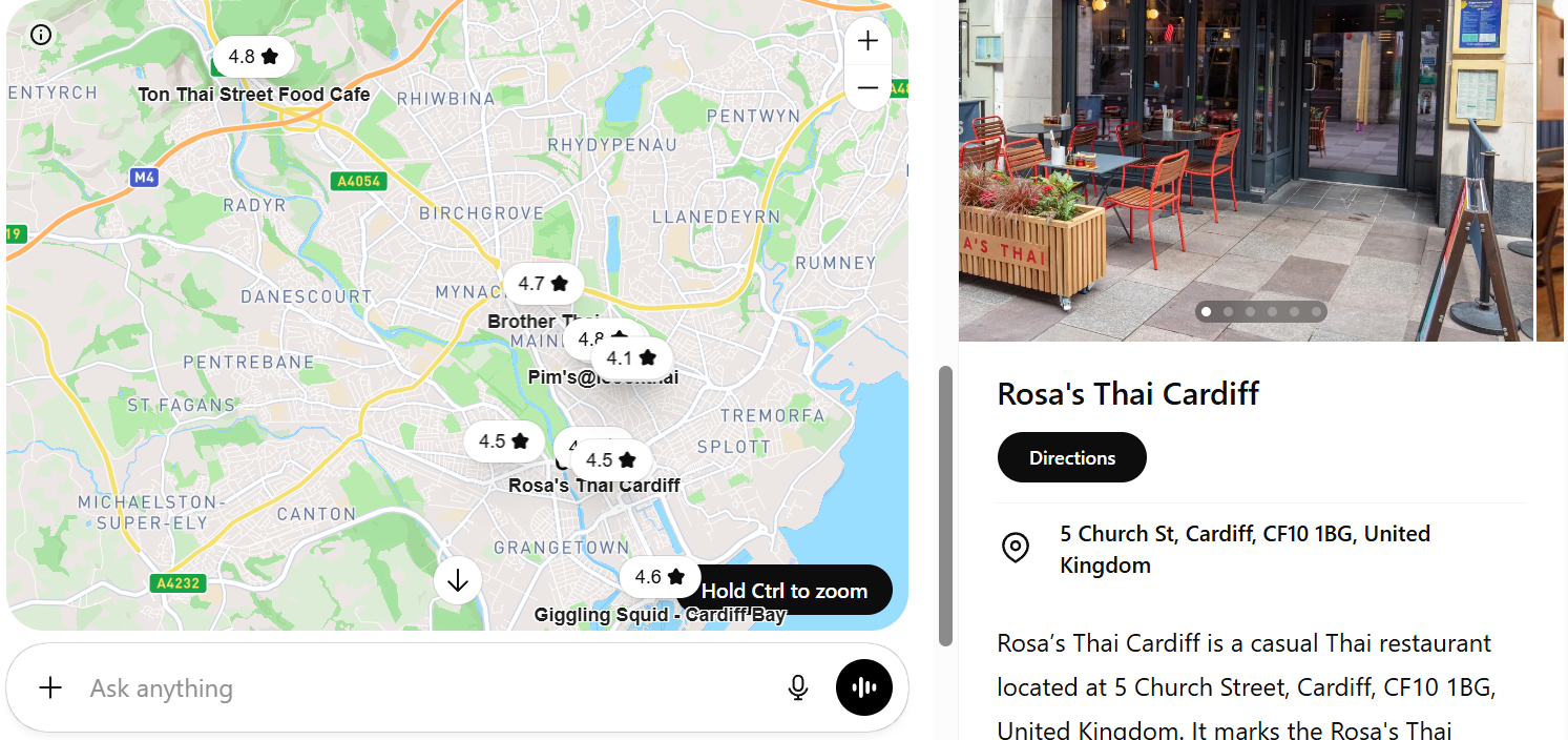 A split screen showing a map of Cardiff on the left with Thai restaurants and star ratings marked, and on the right a listing for Rosa’s Thai Cardiff with a photo of outdoor tables and red chairs outside the restaurant, plus its address at 5 Church Street and a Directions button. image