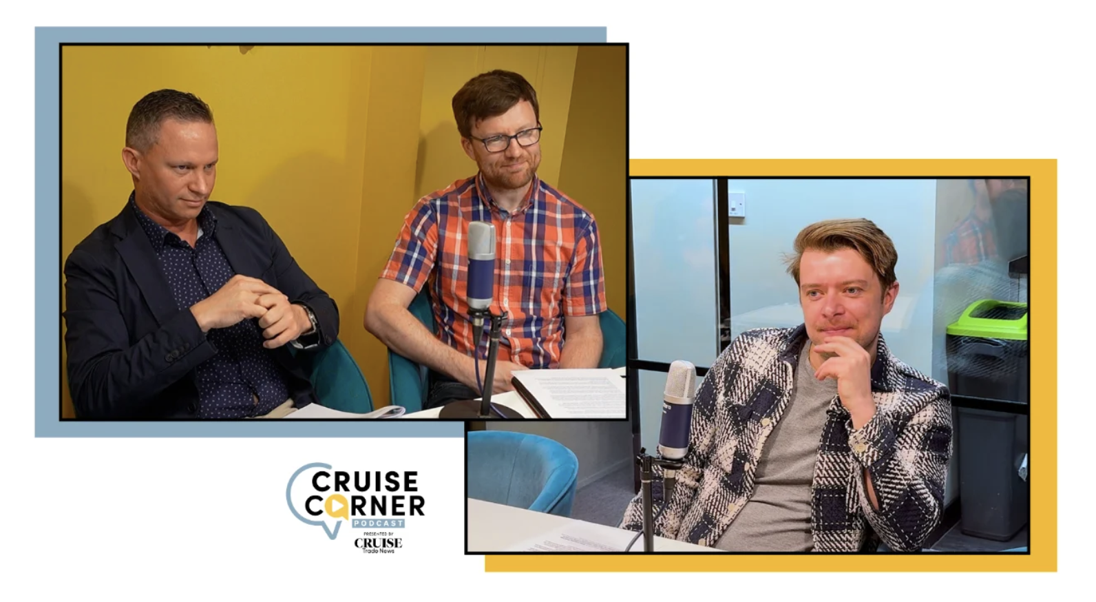 Three men are seated at a podcast studio, engaged in conversation. The backdrop features a bright yellow wall. image