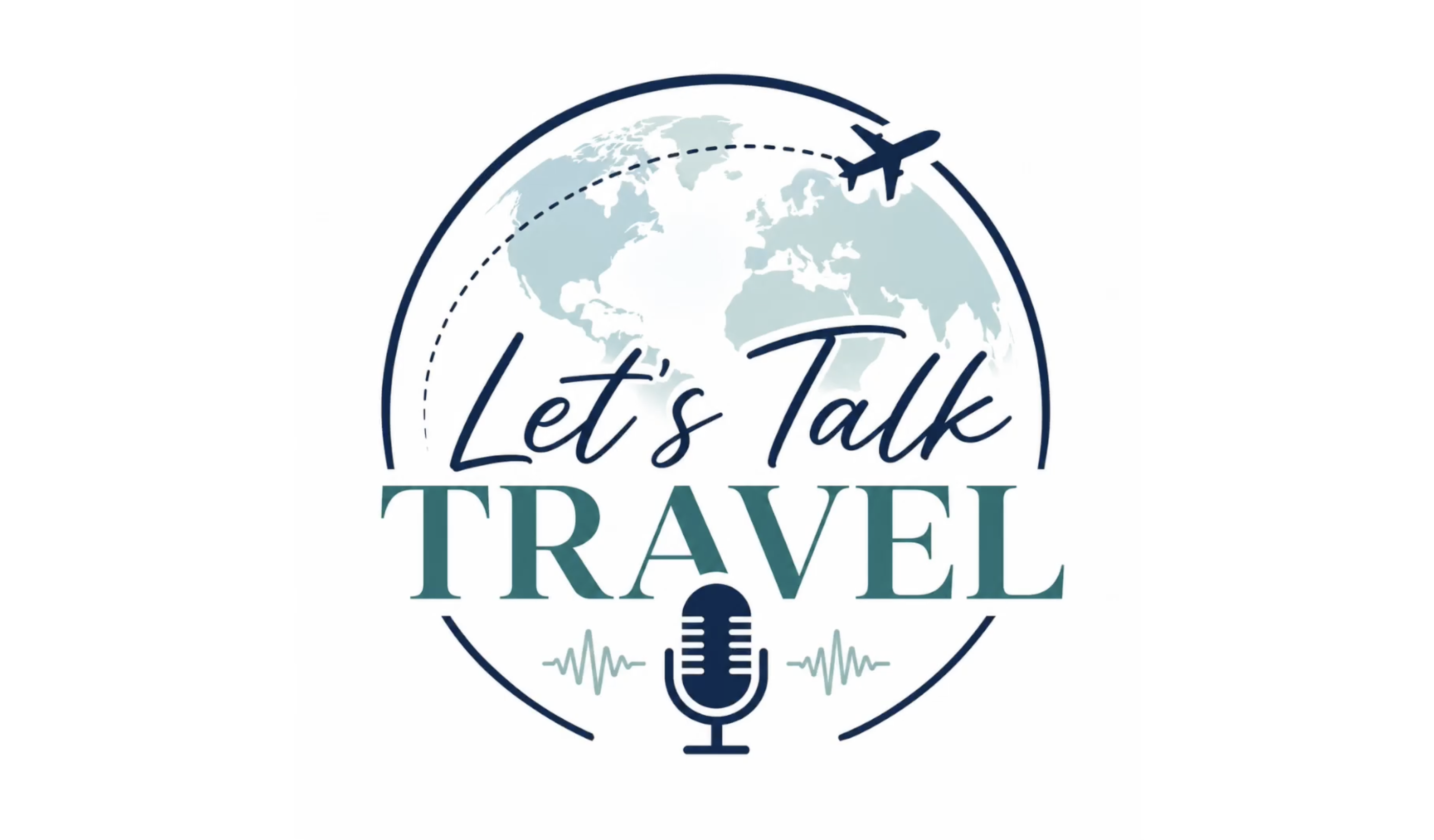 Let’s Talk Travel logo with a world map, aeroplane, microphone and soundwave graphics in navy and teal. image